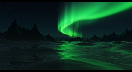 Naklejka premium Green Aurora Ribbons Over Arctic Valley: Night Landscape, Mountain Silhouettes, Northern Lights Display