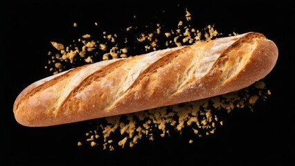 Flying French Baguette with Golden Dust Trail on Black Background