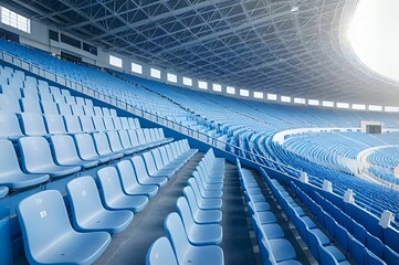 Fototapeta premium The image shows an empty, large indoor stadium with blue seats arranged in several rows. The roof is metallic and curved, with some natural light coming through the windows.
