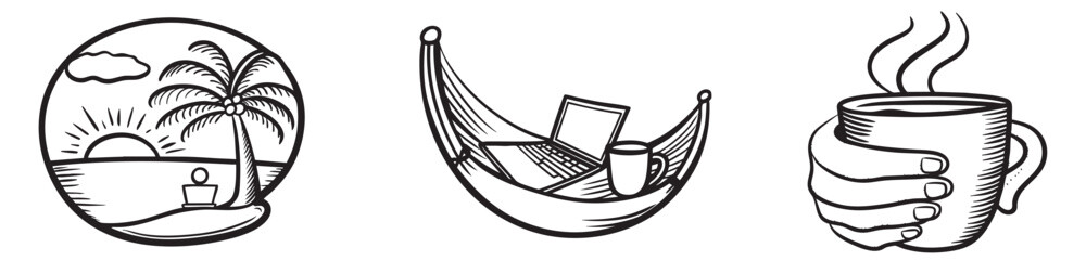Digital nomad collection. Beach scene with palm trees, hammock, and steaming coffee cup.