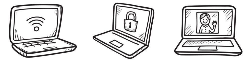 Digital nomad collection. Digital illustration of three laptops displaying different concepts related to technology.