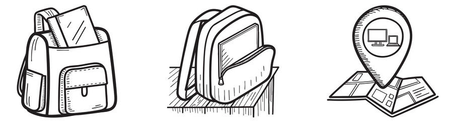 Digital nomad collection. Backpacks and a location marker on a map, suggestive of travel and exploration themes.