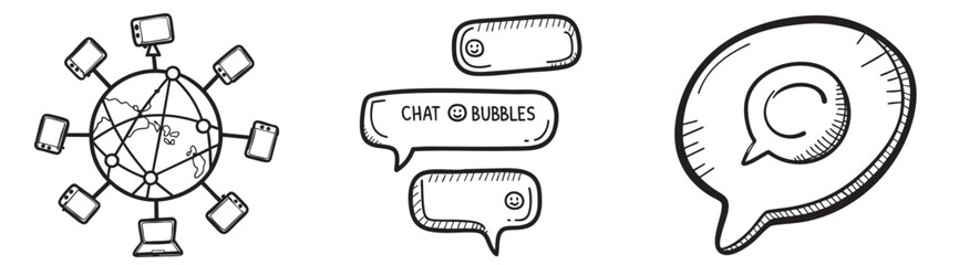 Digital nomad collection. Illustration of communication symbols including a globe and speech bubbles.
