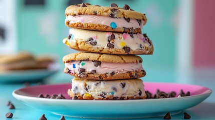 Chocolate chip cookie ice cream sandwiches coulorful background