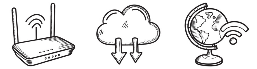 Digital nomad collection. Networking symbols illustrating internet connectivity and data flow concepts.