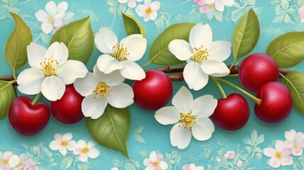 Blossoming cherry branch with ripe cherries