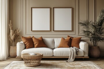 Naklejka premium Modern minimalist living room mockup with a sofa, side table, and two blank frames on a beige wall, no people or additional furniture.