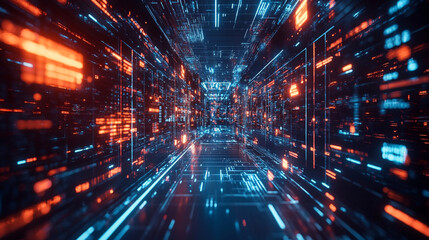 A computer generated image of a futuristic city with neon lights and a blue sky