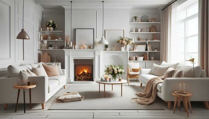 A bright living room adorned with white furniture and a fireplace, offering a comfortable and inviting space