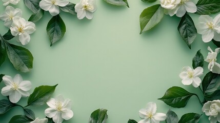 Naklejka premium White apple blossoms frame a pastel green background. Perfect for spring themes, greeting cards, or product displays.