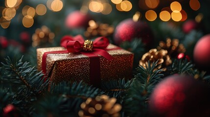 Golden Christmas Gift Box Surrounded by Festive Decorations and Lights