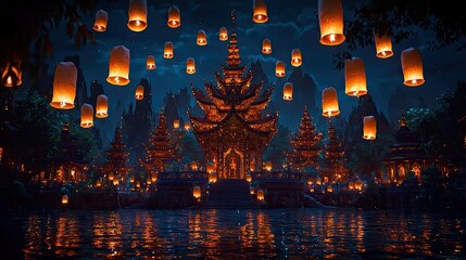 Obraz premium Enchanted Night: Floating Lanterns Illuminate Ancient Temple
