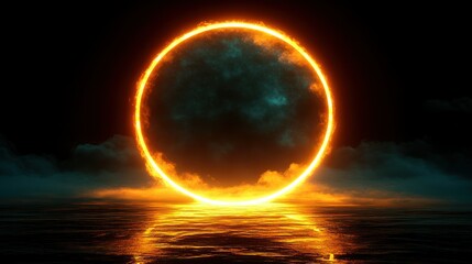 Fiery, glowing ring portal over water