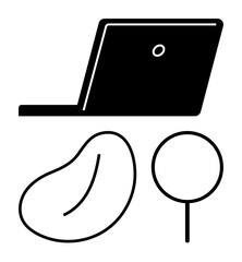 Minimalist imagery of a laptop, a bean shape, and a lollipop outline. Ideal for technology, innovation, biology, creativity, simplicity academic research and data flow. Flat simple metaphor