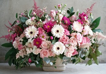 Beautiful floral arrangement with pink roses, daisies, and greenery in a decorative vase for events, weddings, and home decor