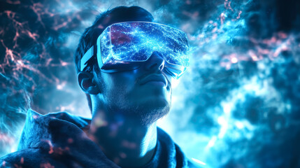 A man wears digital glasses and gazes at a holographic display. Futuristic technology and innovation. Generative AI.