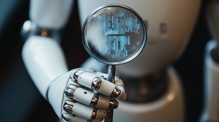 AI robot holding a magnifying glass with digital code