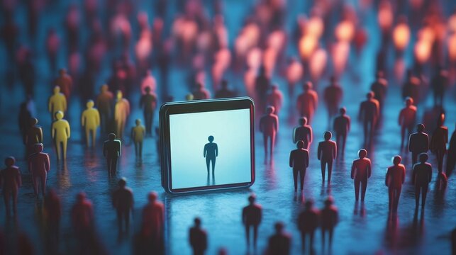 Fake accounts in tiny persons concept. Artificial intelligence automation method to gain followers, popularize opinion, propaganda and impact social thought 