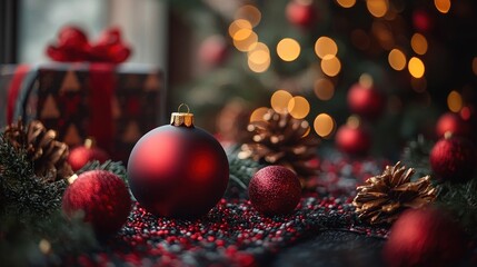 Festive Holiday Scene with Red Ornaments, Bokeh Lights, and Pine Cones