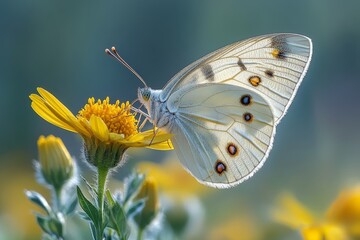 Naklejka premium Delicate butterfly perched on a yellow flower in spring, surrounded by lush greenery and blooming flowers, creating an idyllic natural scene. Soft-focus background enhances its beauty.