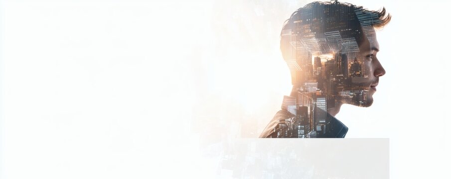 A mans profile silhouette merges with a cityscape scene background