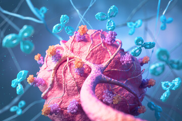 Antibodies attack a cancer cell or bacterium, 3d illustration.