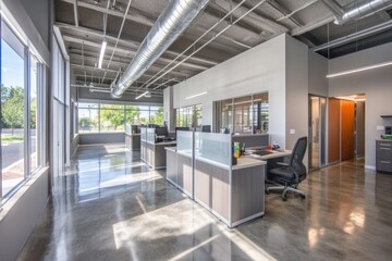 Fototapeta premium Modern office interior with workstations, glass partitions, and polished concrete floors.