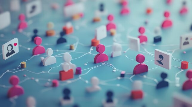 Fake accounts in tiny persons concept. Artificial intelligence automation method to gain followers, popularize opinion, propaganda and impact social thought 