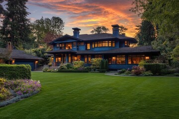 Suburban Blue Home, Twilight Gardens, Sunset View