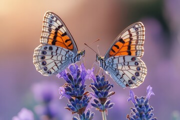 Two butterflies on purple sage flowers with blurred background, sunlight, and rich lavender texture in macro photography.
