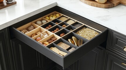A built-in storage unit with individual compartments sorting kitchen ingredients, snacks, and beverages.