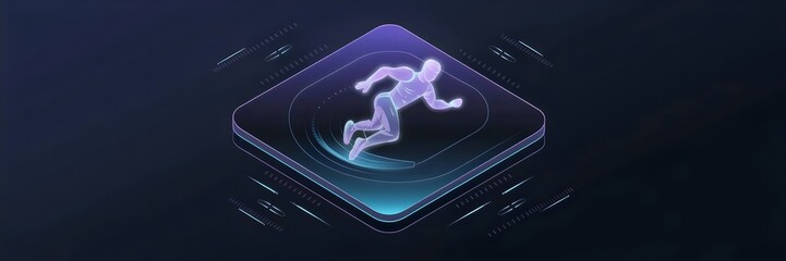 Futuristic fitness app interface with holographic workout icon – Suitable for high-tech wellness, health monitoring, or sports technology campaigns.