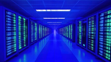 Fototapeta premium Server Room Corridor, Cool Blue Glow