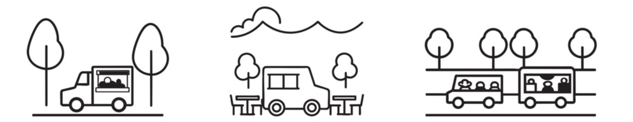 Food truck collection. Illustration of various vehicles on a road with trees and mountains in the background.