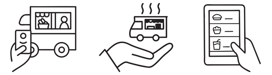 Food truck collection. Food delivery service icons depicting a food truck, ordering, and handoff.