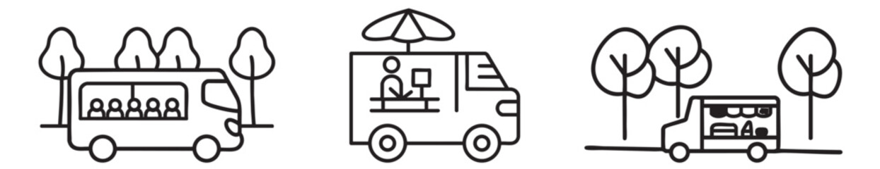 Food truck collection and passengers depicted in a simple, playful illustration style.