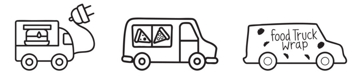 Food truck collection illustrated in a simple, cartoon style with diverse designs.