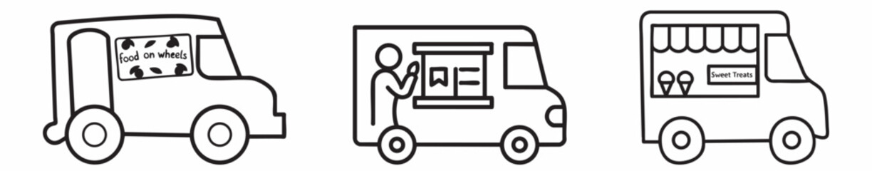 Food truck collection in a simple, illustrated style, showcasing different designs.