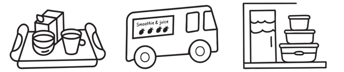 Food truck collection. Food delivery service illustrated with drinks and containers.
