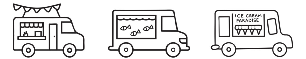 Food truck collection in a playful, illustrated style with various themes and decorations.
