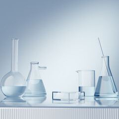 Cosmetic scientific skincare background materials, podium display with glass flask, Laboratory 3d rendering Background.