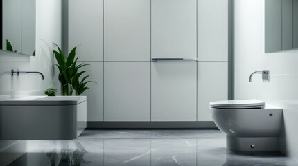 Fototapeta premium A modern minimalist bathroom with clean lines and elegant design creates a sense of tranquility and luxury. Snow-white plumbing, gray marble floor and soft lighting.