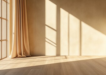 Fototapeta premium Sunlight streams into a minimalist room with beige curtains and wooden floor.