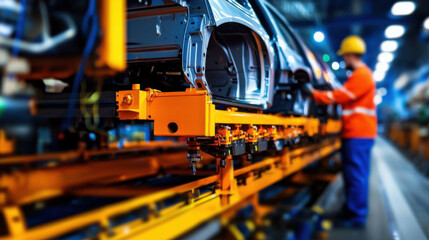 Fototapeta premium factory engineer supervises assembly line of vehicles, showcasing industrial efficiency and teamwork