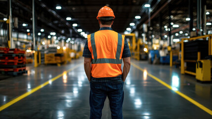 worker in orange safety vest and helmet stands in industrial warehouse, observing expansive space