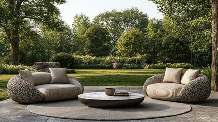 Outdoor seating with cozy sofas and lush greenery, serene atmosphere