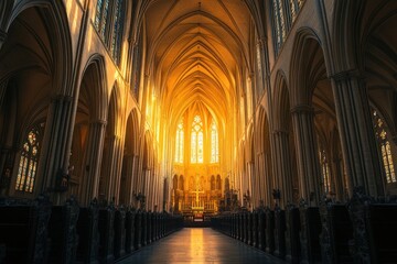 Obraz premium Sunlight streams through stained glass illuminating a majestic cathedral nave.
