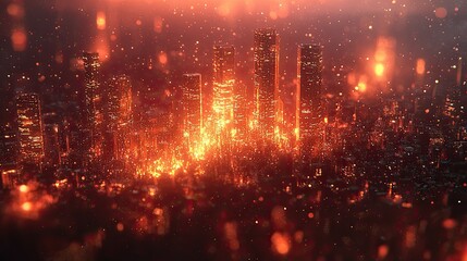 Fototapeta premium Fiery Metropolis: A Digital Cityscape at Dusk