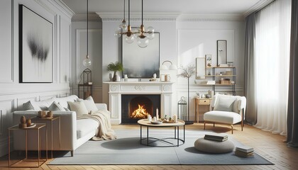 Fototapeta premium A bright living room adorned with white furniture and a fireplace, offering a comfortable and inviting space