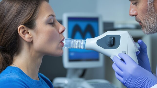 Lung function test conducted with patient performing exhalation in medical facility